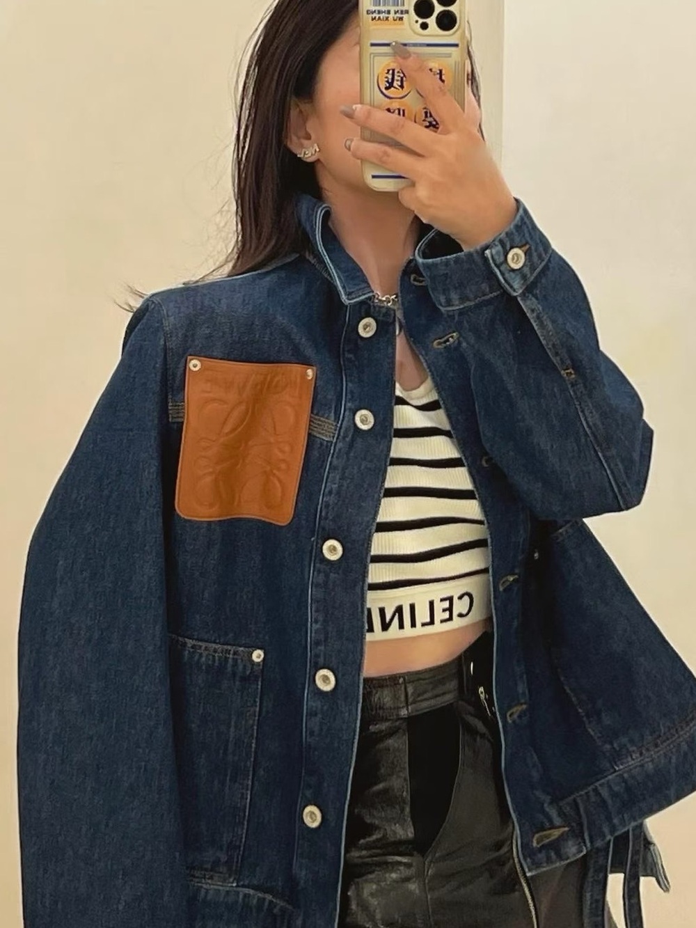 🚩steal Loewe Blue Denim Jacket with Tan Leather Patch - Picture 9 of 9